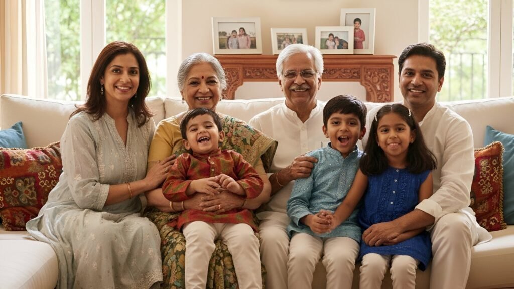 Happy family of all ages symbolizing Ayurvedic care for everyone — from elders to young children — at Sri Vaidya.